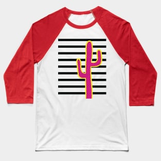 Pop art pink and yellow cactus on black and white stripes Baseball T-Shirt